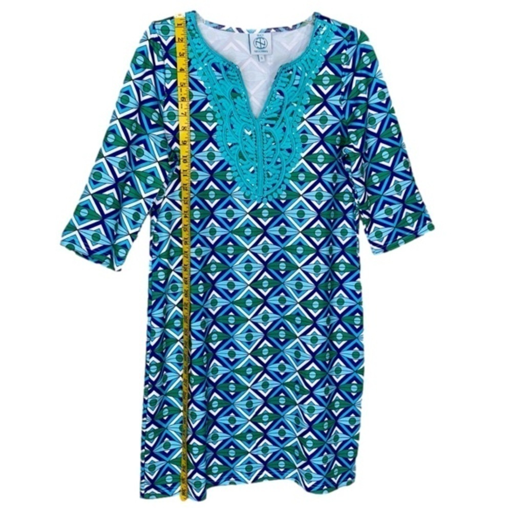 TRACEY NEGOSHIAN Shift Dress Embroidered V Neck Geometric Blue Green Women S - Picture 4 of 10